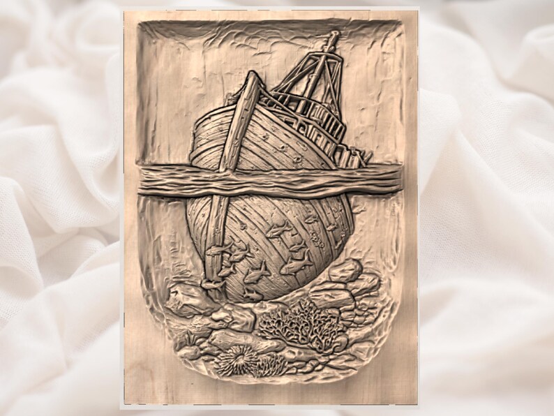 May include: A wooden relief carving depicting a sunken ship. The ship is partially submerged, with the hull visible underwater, surrounded by fish and coral. The carving is in shades of brown and beige, with detailed textures.