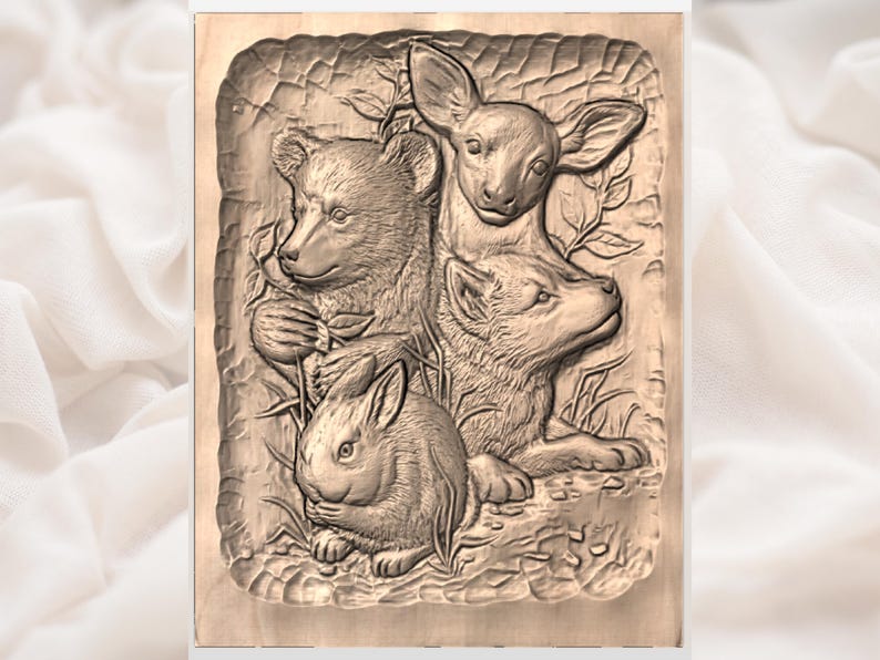 May include: A wooden relief carving featuring a bear, deer, wolf, and rabbit. The animals are depicted in a naturalistic style, surrounded by foliage. The carving is set within a rectangular frame.
