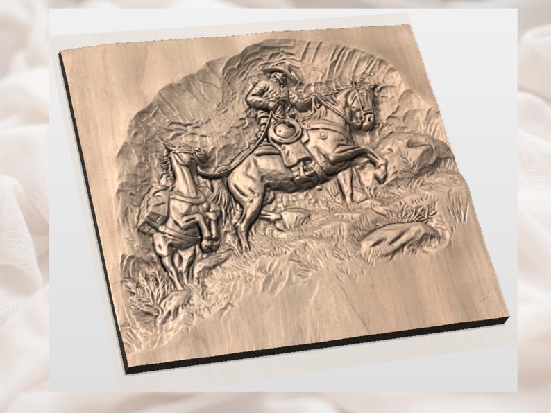 May include: A wooden relief carving showing a cowboy on horseback, with a second horse in the background. The carving is detailed, showing the cowboy's attire and the horses' movements. The artwork is mounted on a square wooden plaque.