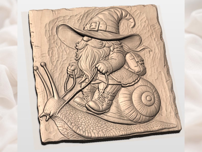 May include: A carved wooden relief showing a gnome riding a snail. The gnome wears a pointed hat and carries reins, with a backpack on its back. The snail has large antennae and a detailed shell. The relief is in shades of brown.