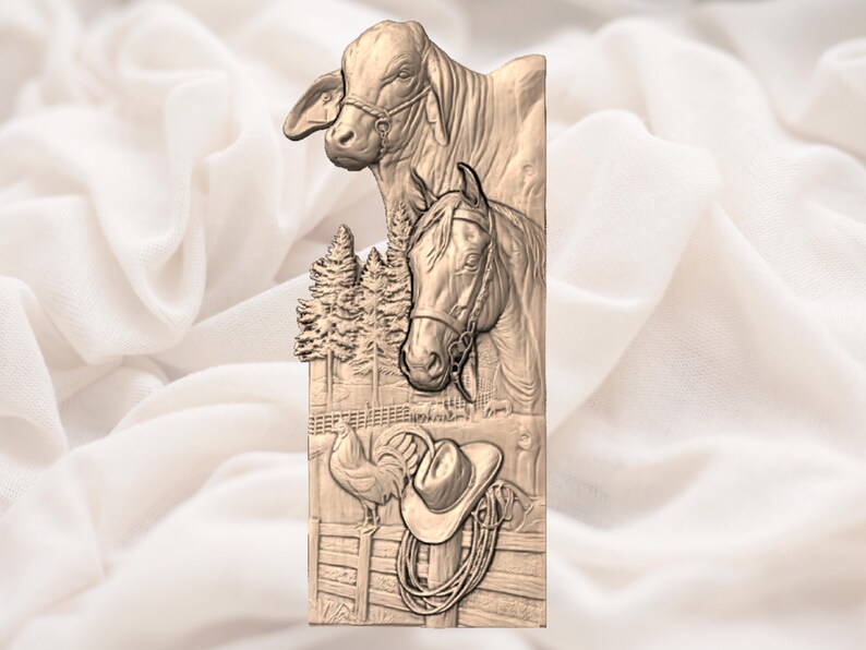 May include: A detailed relief carving featuring a cow and a horse, with a rooster, cowboy hat, and rope. The artwork is in a light brown color, with a rustic, country theme. The carving includes a fence and trees.