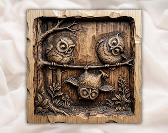 Funny Owls Relief STL | CNC Router 3D Carving Model | Cute Owl Family on Branch Wood Grain Bas Relief Panel | Woodland Nursery Wall Art