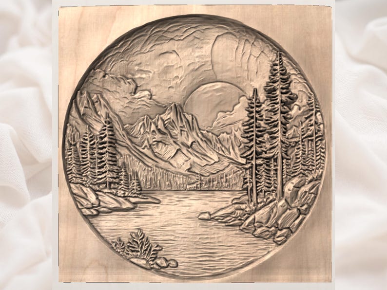 May include: A round, wooden carving depicting a mountain landscape with a lake, trees, and a setting sun. The detailed relief carving showcases a serene natural scene, with textured mountains and detailed trees. The artwork is mounted on a square wooden panel.