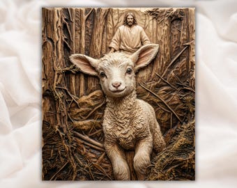 Lamb of God Relief STL | CNC Router 3D Carving Model | Jesus Shepherd with Lamb Wood Grain Relief Panel | Christian Wall Art Church Decor