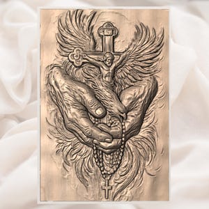 Jesus Crucifix and Rosary Hands 3D Relief STL File view 2