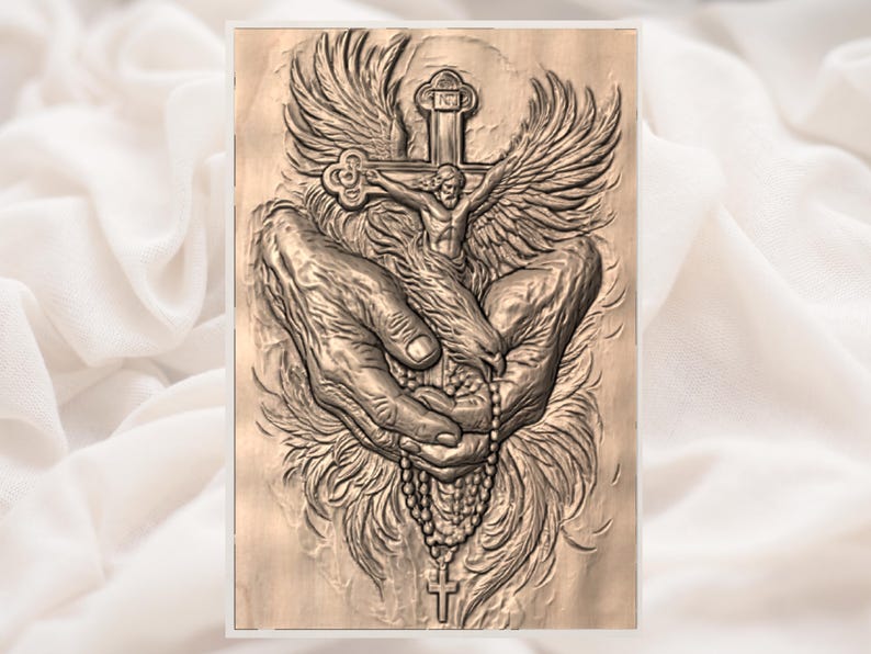 May include: A detailed relief carving depicting a religious scene. Two hands cradle a crucifix with a figure, wings, and a rosary. The artwork is rendered in shades of brown, with intricate details and textures.