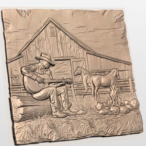 Western Cowboy Campfire 3D STL Relief view 2