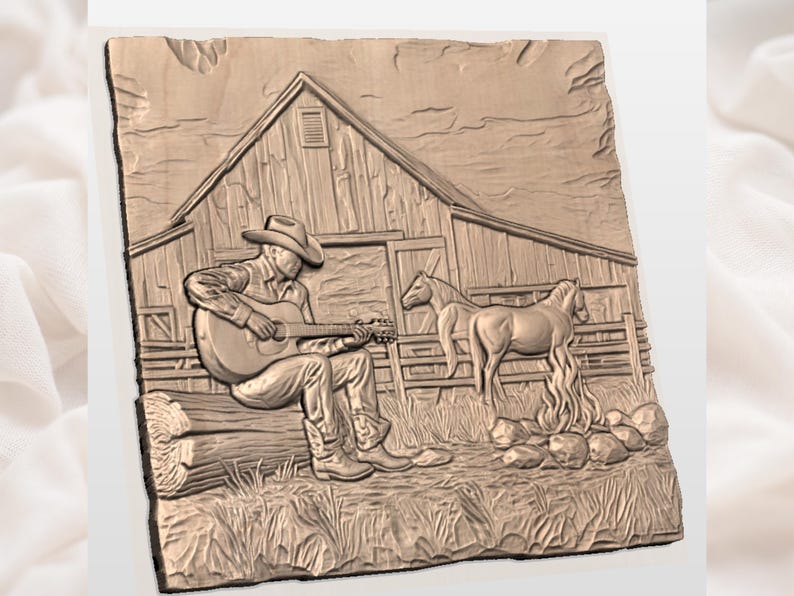 May include: A wooden relief carving depicting a cowboy playing a guitar in front of a barn, with two horses in the background. The carving is in shades of brown and tan, with detailed textures of wood grain and the cowboy's clothing.