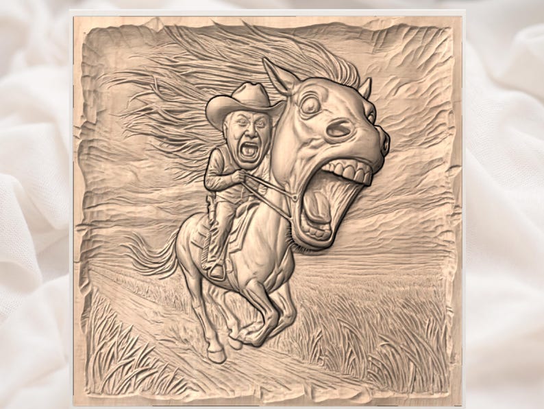May include: A carved wooden relief depicting a cowboy riding a horse with a comically exaggerated expression. The cowboy wears a hat and is yelling. The horse has a wide open mouth and flowing mane. The background shows a stylized landscape.