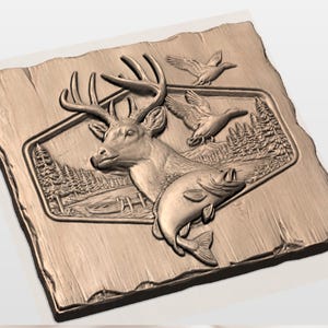 Deer Duck Trout Hunting Fishing 3D Relief STL view 3
