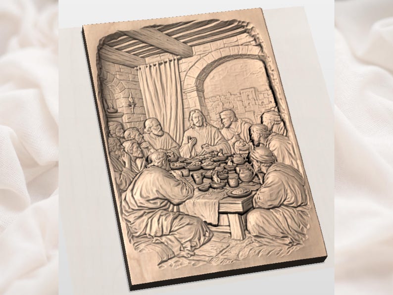 May include: A detailed relief carving depicting a biblical scene of the Last Supper. The artwork features figures seated around a table, with architectural elements like arches and a ceiling. The carving is in shades of brown and beige, with intricate details.