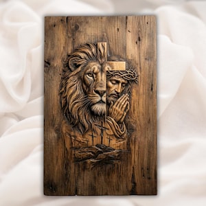 Lion & Praying Jesus Cross 3D Relief STL view 1