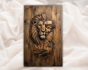 Lion & Praying Jesus Cross 3D Relief STL | Christian Wood Grain Carving Panel | CNC Router File, 3D Print, Laser Engrave | Home Decor
