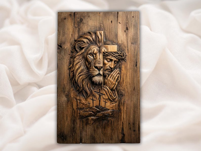Lion & Praying Jesus Cross 3D Relief STL