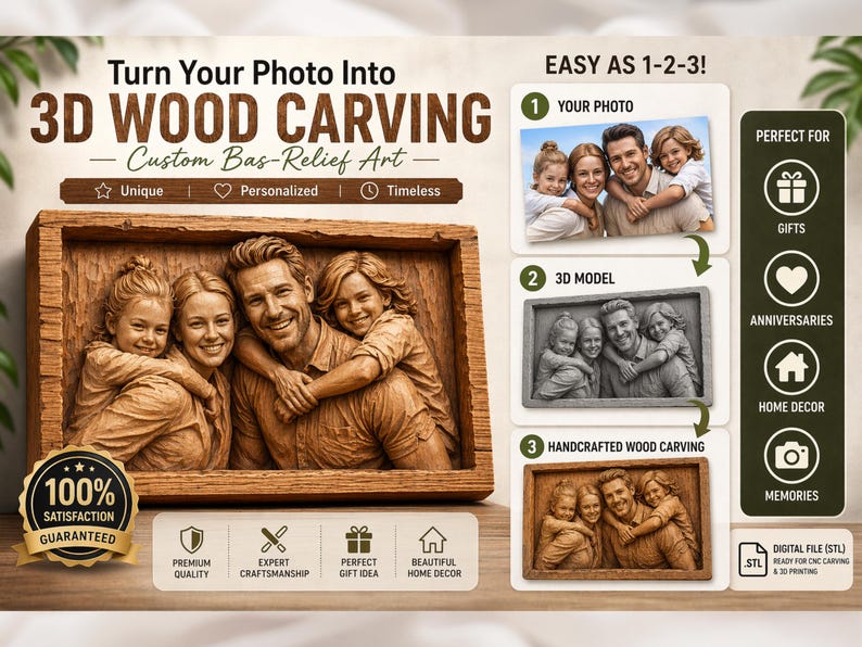 May include: A 3D wood carving of a family, framed in a rectangular wooden border. The image shows a smiling family of four. Text on the image reads "Turn Your Photo Into 3D Wood Carving" and "Custom Bas-Relief Art."
