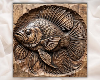 Betta Fish STL 3D Relief | Siamese Fighting Fish CNC Wood Carving File | Aquatic Wall Art Panel | Fishing / Lake House Decor