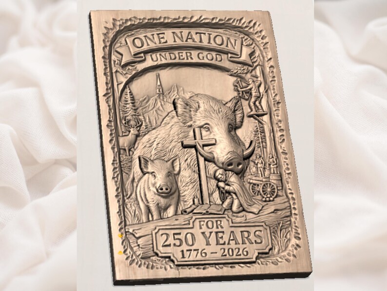 May include: A wooden plaque with carved relief art. The top banner reads "ONE NATION UNDER GOD." The central image features a boar, a cross, and a piglet. The bottom text reads "FOR 250 YEARS 1776-2026."