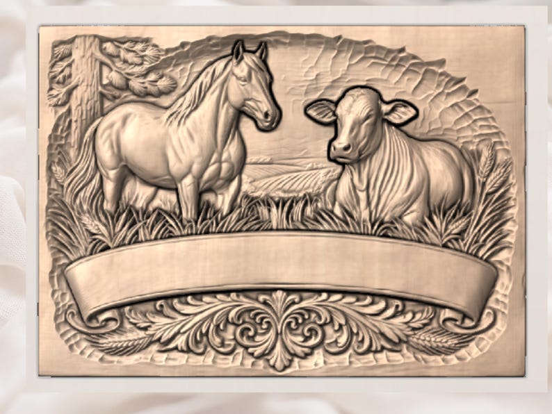 May include: A detailed wooden carving featuring a horse and a cow in a pastoral scene. The horse stands near a tree, while the cow rests in the grass. A banner is placed below the animals, surrounded by decorative floral elements.