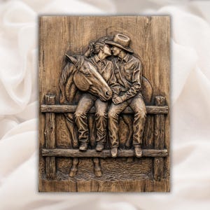 Cowboy Couple & Horse 3D Relief STL view 1