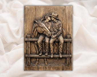 Cowboy Couple & Horse 3D Relief STL | Western Love Ranch Fence Scene Panel | Aspire, VCarve Pro, Carveco, Fusion 360, ArtCAM | Home Decor