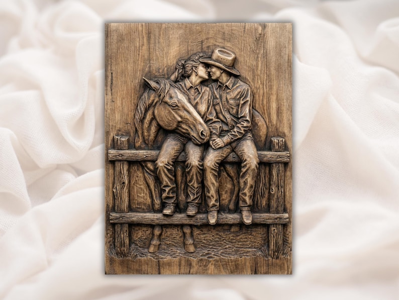 Cowboy Couple & Horse 3D Relief STL