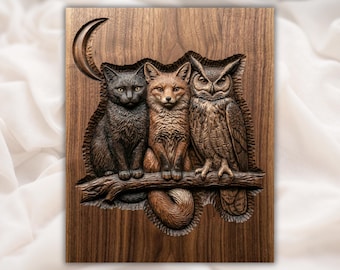Trío del Bosque en Relieve 3D STL para Router CNC / Panel de Madera Tallada con Gato, Zorro y Búho / Arte de Pared con Animales del Bosque / Gato, Zorro y Búho a la Luz de la Luna STL