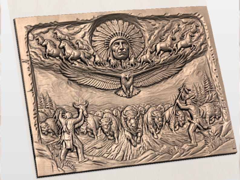Tribal Spirit STL | Eagle Buffalo Relief | Western Wall Decor | Running Horses Artwork | Lodge Plaque File | Heritage Wall Plaque image 2