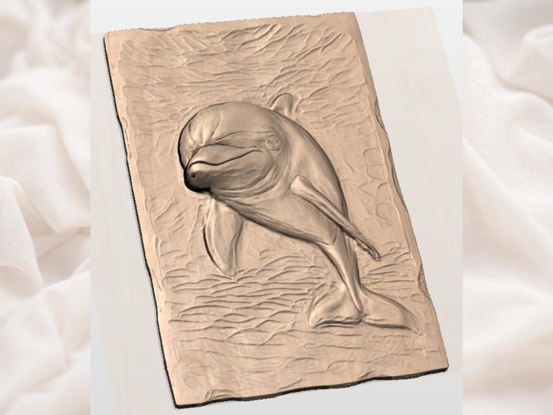 Delfinrelief STL | CNC-fräs 3D-sniderimodell | Havsliv i träådring Basreliefpanel | Kustnära nautisk väggdekoration bild 2