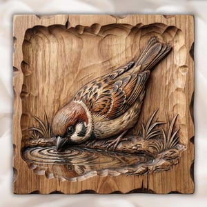 Relieve de gorrión (STL/modelo de tallado 3D para enrutador CNC) / Panel de bajorrelieve con veta de madera de pájaro cantor bebiendo agua / Arte de pared rústico natural