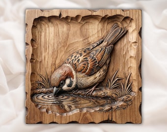 Sparrow Bird Relief STL | CNC Router 3D Carving Model | Songbird Drinking Water Wood Grain Bas Relief Panel | Rustic Nature Wall Art