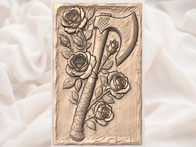 May include: A carved wooden plaque featuring an axe intertwined with roses. The axe has a detailed handle and blade, while the roses and leaves add a decorative touch. The artwork is in shades of brown and beige.