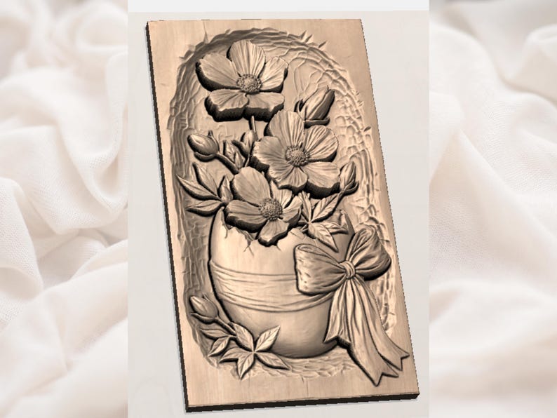 May include: A rectangular wooden relief carving featuring a vase of flowers with a large bow. The flowers include large blooms and buds, with detailed leaves. The carving is in a natural wood tone, showcasing the texture and depth of the design.