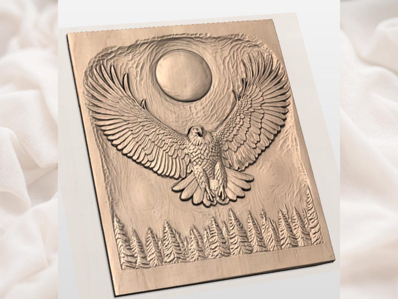 May include: A wooden relief carving of an eagle with outstretched wings, set against a backdrop of a full moon and stylized trees. The eagle is the focal point, with detailed feathering. The carving is rectangular and has a natural wood tone.