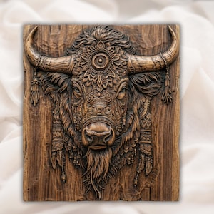 Tribal Buffalo Head 3D Relief STL view 1