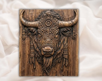 Tribal Buffalo Head 3D Relief STL | Boho Bison Wall Art Panel | CNC Router Carving File, 3D Print, Laser Engrave | Home Decor