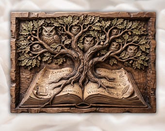 Relevo CNC da Árvore da Biblioteca com Corujas | Decoração com Escultura de Livro da Sabedoria | Painel de Arte de Parede com Corujas e Árvore da Sabedoria | Painel para Marcenaria Aspire VCarve Carveco ArtCAM