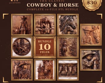 クラシックなカウボーイと馬のSTLバンドル｜CNCルーターファイル10個｜ウエスタンランチウォールアートパック｜Aspire VCarve Carveco｜素朴なロッジ風マンケーブ装飾