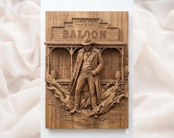 Relieve 3D de vaquero de salón del Viejo Oeste (archivo STL) / Panel decorativo de pistolero forajido / Compatible con Aspire, VCarve, Carveco y Fusion 360