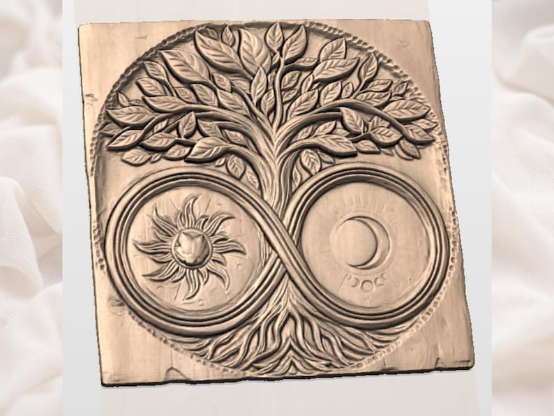Oändlighetens träd av livet STL | Månfas solsymbol CNC-relief | Häxig boho väggkonst | Helig träsnideriplakett bild 2