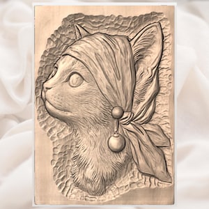 Cat with Headscarf 3D Relief STL view 3