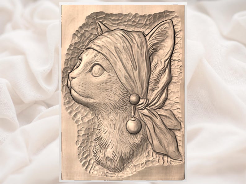 May include: A detailed wood carving of a cat's profile, wearing a headscarf and a dangling earring. The cat's features are meticulously carved, showcasing its eye, ear, and fur texture. The background has a textured pattern, and the overall color is a warm, natural wood tone.