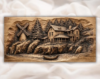Rustikale Bauernhof Landschaft 3D Relief STL | CNC-Fräser-Holzschnitzdatei | Scheune Weide Landschaft Wall Art Panel | Bauernhaus Dekor