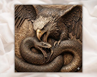 Águila vs. Serpiente (archivo STL en relieve 3D) / Tallado CNC con vetas de madera rústica / Arte mural de vida silvestre / Diseño de impresión 3D y grabado láser