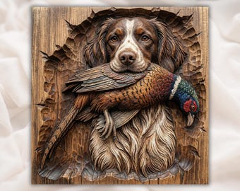 Brittany Spaniel Pheasant 3D STL File | Hunting Dog Wall Art Relief | Wood Carving Style CNC Router 3D Print| Upland Hunting Wall Art Panel