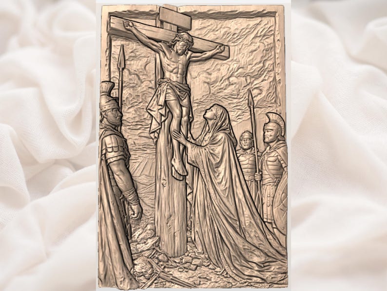 May include: A detailed relief sculpture depicting the crucifixion of Jesus Christ. The artwork features figures of Jesus on the cross, Roman soldiers, and a woman in a flowing robe. The sculpture is in a warm, earthy tone.