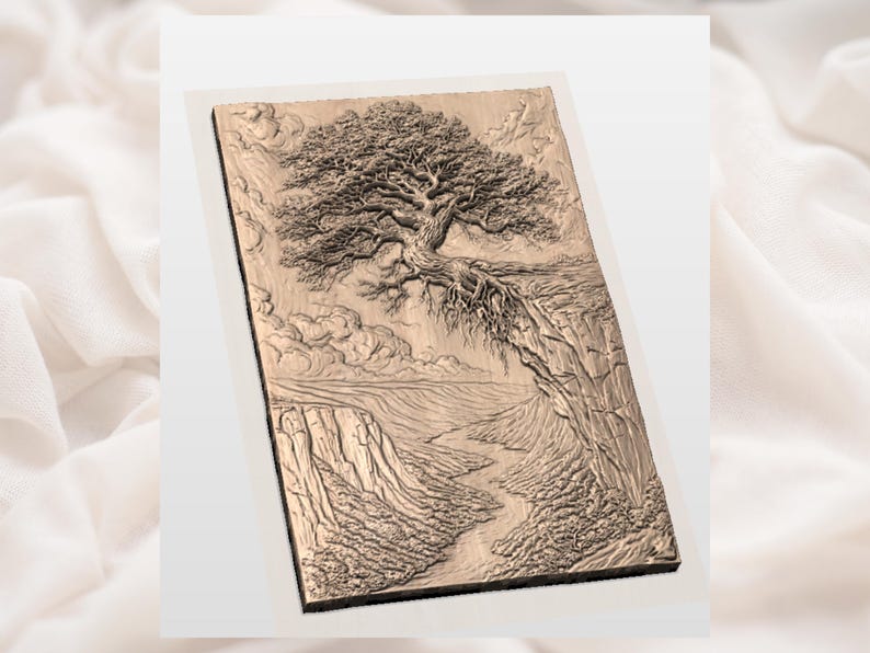 May include: A detailed relief carving of a tree growing on a cliffside, with a river winding through a canyon below. The artwork is rendered in shades of brown and beige, showcasing the texture of the wood.