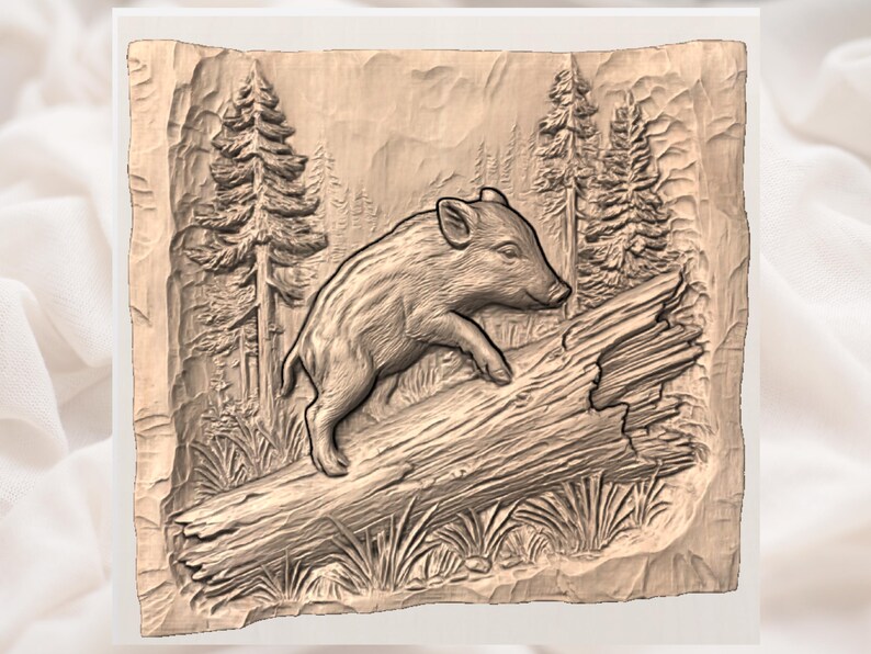 May include: A detailed relief carving of a young boar climbing over a fallen log. The artwork is set in a forest scene with trees and foliage. The carving is in shades of brown, creating a natural and rustic aesthetic.