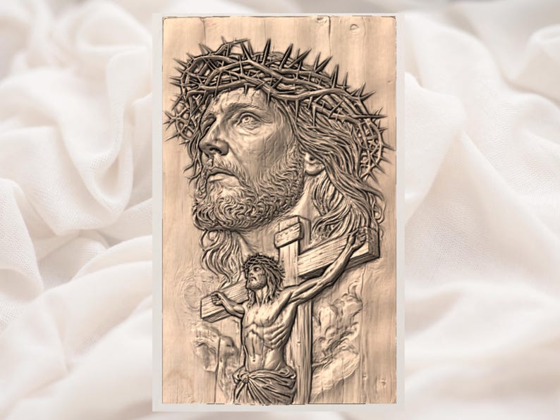 May include: A detailed wood carving depicting Jesus Christ wearing a crown of thorns, with a second image of Jesus on the cross below. The carving is in shades of brown and beige, with intricate details.