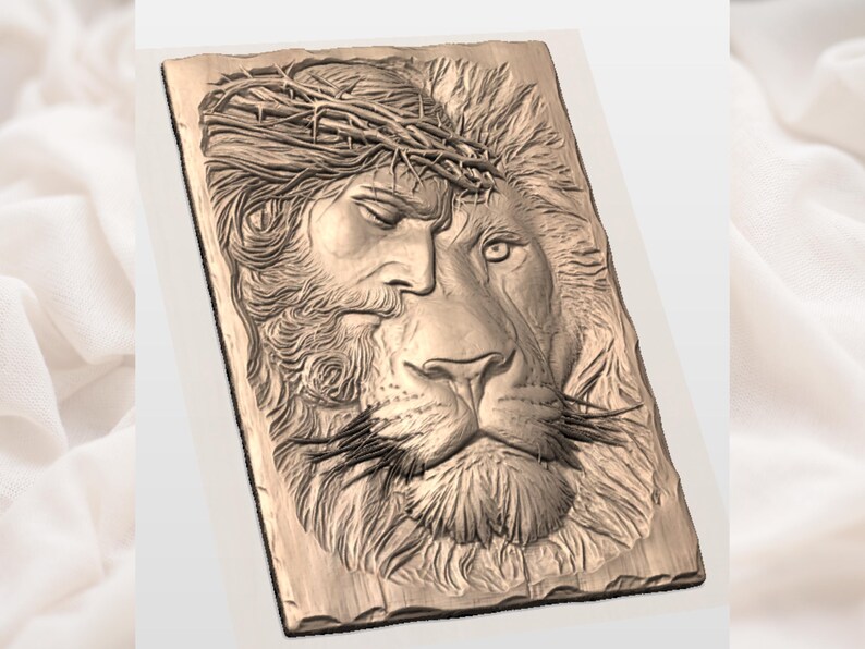 Fichier impression 3D Jésus Lion de Juda | Décoration de salle de prière | Modèle de sculpture sur bois couronne d'épines | murale religieuse | Décoration sacrée foi biblique image 2