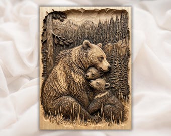 Bear Family 3D Relief STL for CNC Router | Mama Bear & Cubs Wood Carving Panel | Wildlife Mountain Forest Wall Art | 3D Print